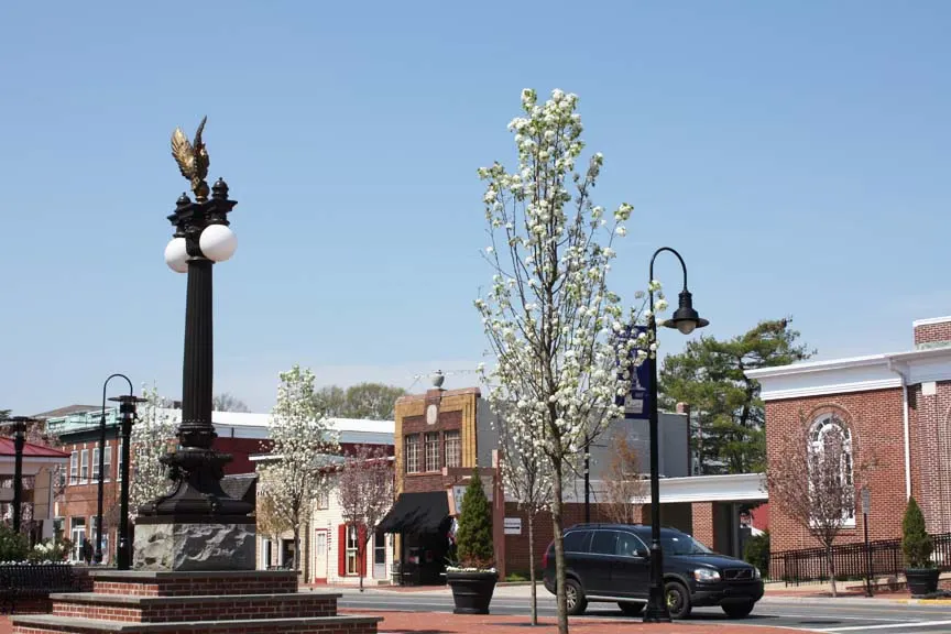Historic downtown Middletown, DE with monument and local buildings